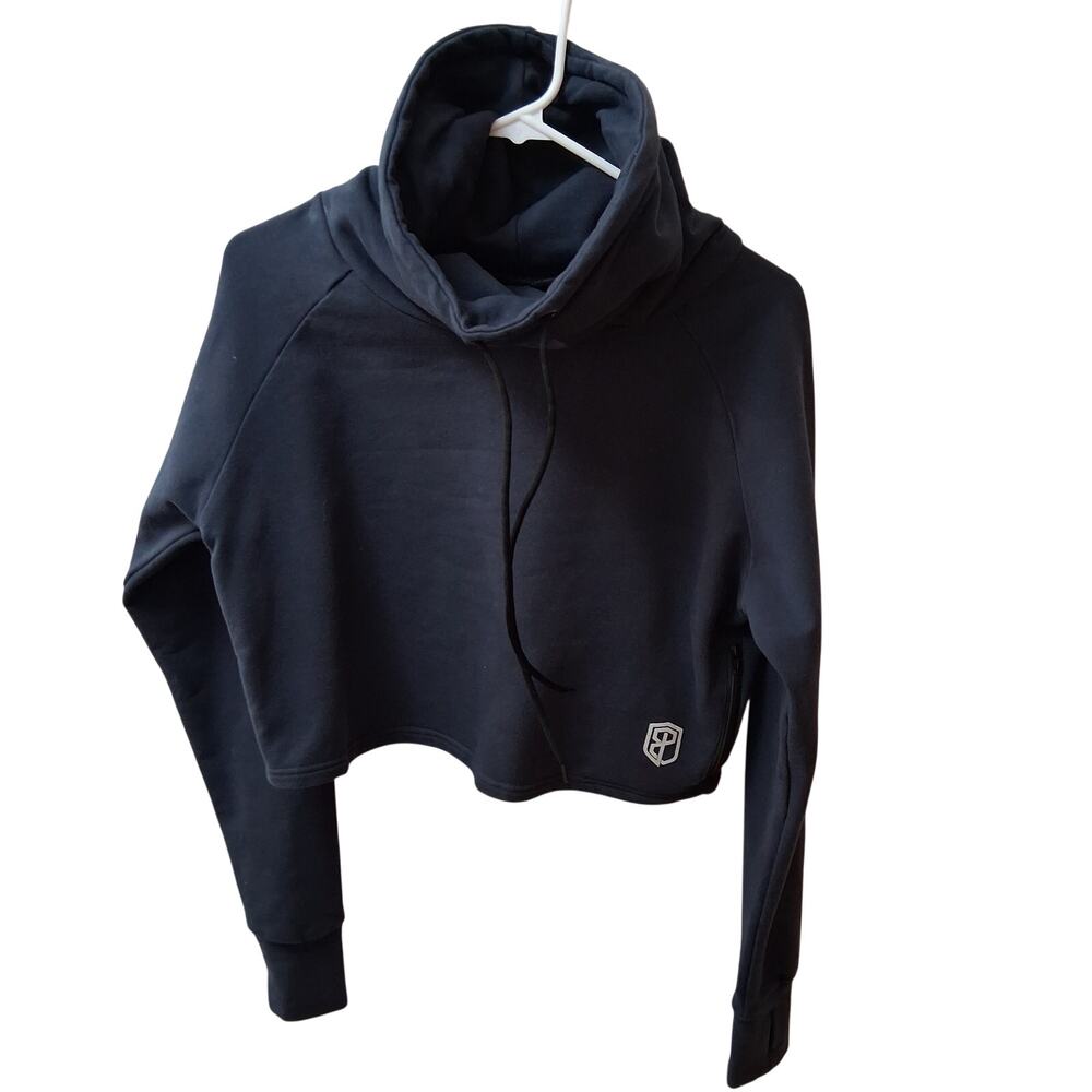 Born Primitive Women Navy Cropped Oversized Cowl Neck Sweatshirt Zipper Pocket-S